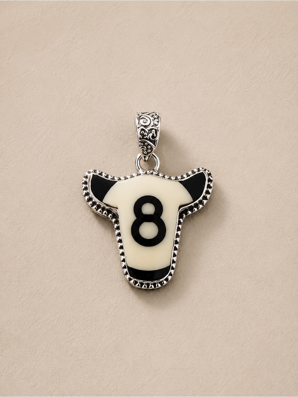 New Boutique .925 Sterling Silver Billiards 8 Ball Pendant Bull Head Design